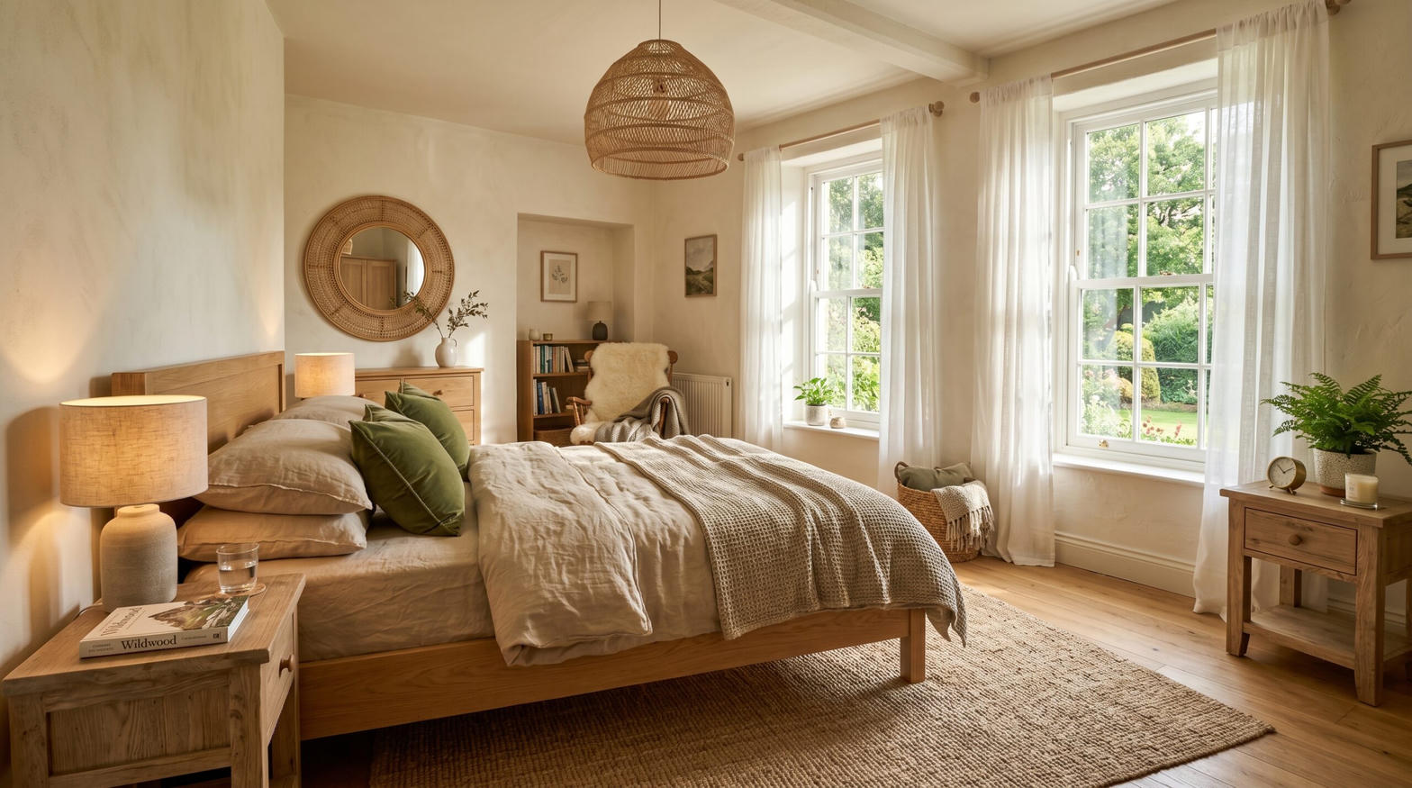 Habitación con cama de lino y ventanas al jardín
